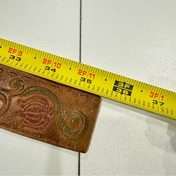 Tooled Brown Leather Belt | Embossed Scroll Design | Size S | Genuine Leather - Picture 10 of 12